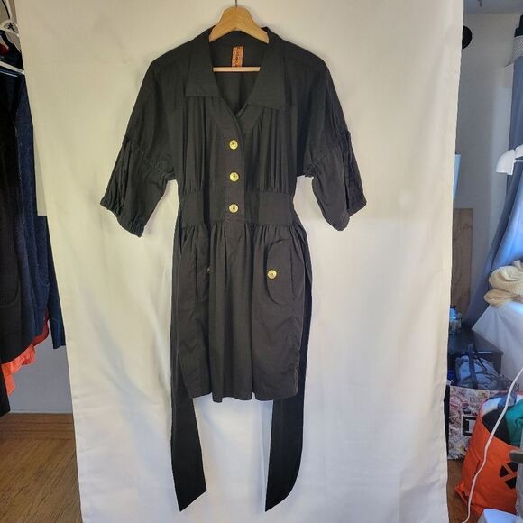 Button Down Belted Soft Black Dress - Picture 2 of 15